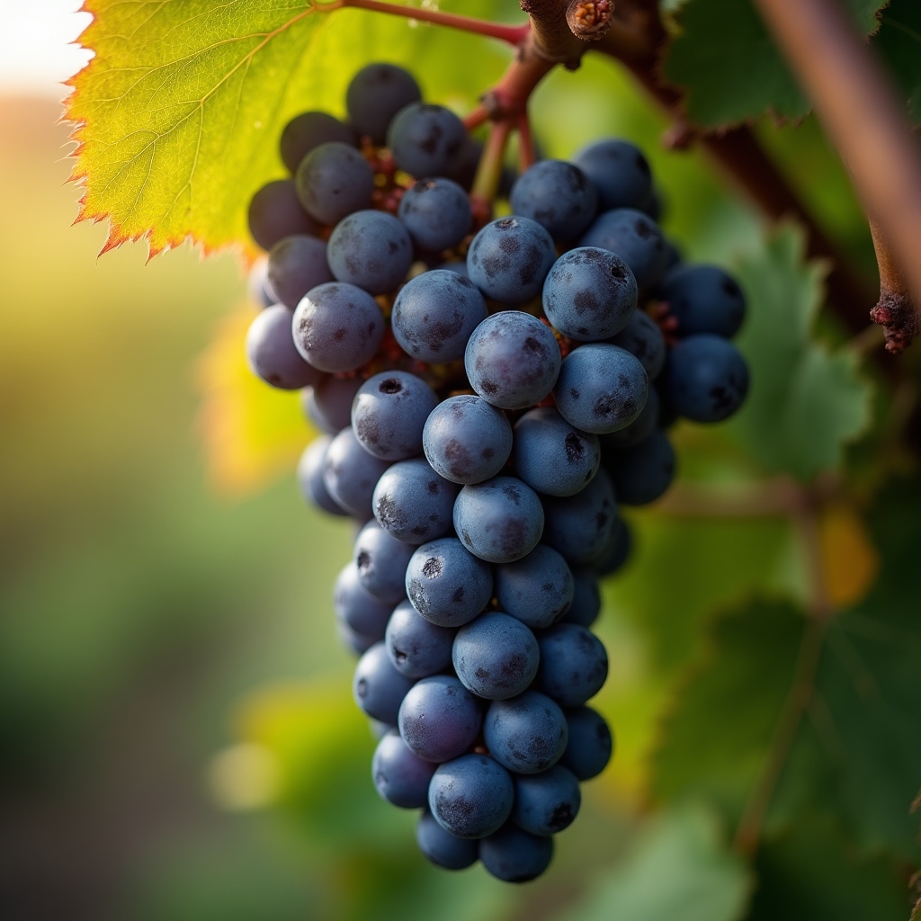 Ciorchini de Fetească Neagră coapți pe viță, culoare violet intens